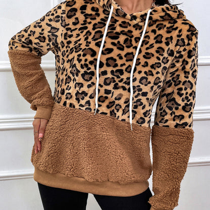 Autumn Winter Women Clothing Hooded Fluffy Leopard Patchwork Sweater Fleece Shirt Women Top