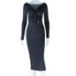 Solid Color Sexy Deep V Plunge Cropped Long Sleeve Sheath Dress Mid Length Pullover Dress