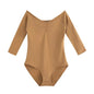 Pleated V-neck Solid Color Bodysuit Trendy Internet Celebrity Women Stretch V-neck 3/4 Sleeves Bodysuit