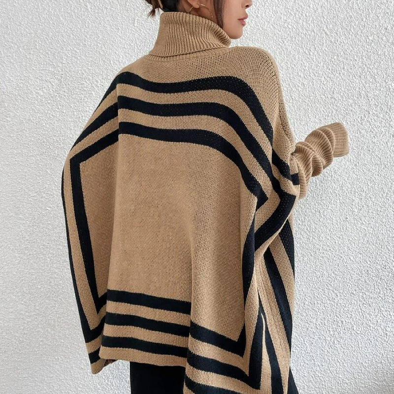 Knitted Women Clothing Turtleneck Striped Batwing Sleeve Cape Shawl Sweater Coat Women