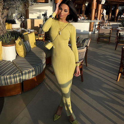 Women Clothing Autumn Round Neck Long Sleeve Slim Fit Fishtail Dress Dress