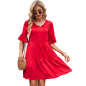 Women Casual Pleated Short Sleeves Short Dress Lace Up Bohemian High Waist Mini Dress