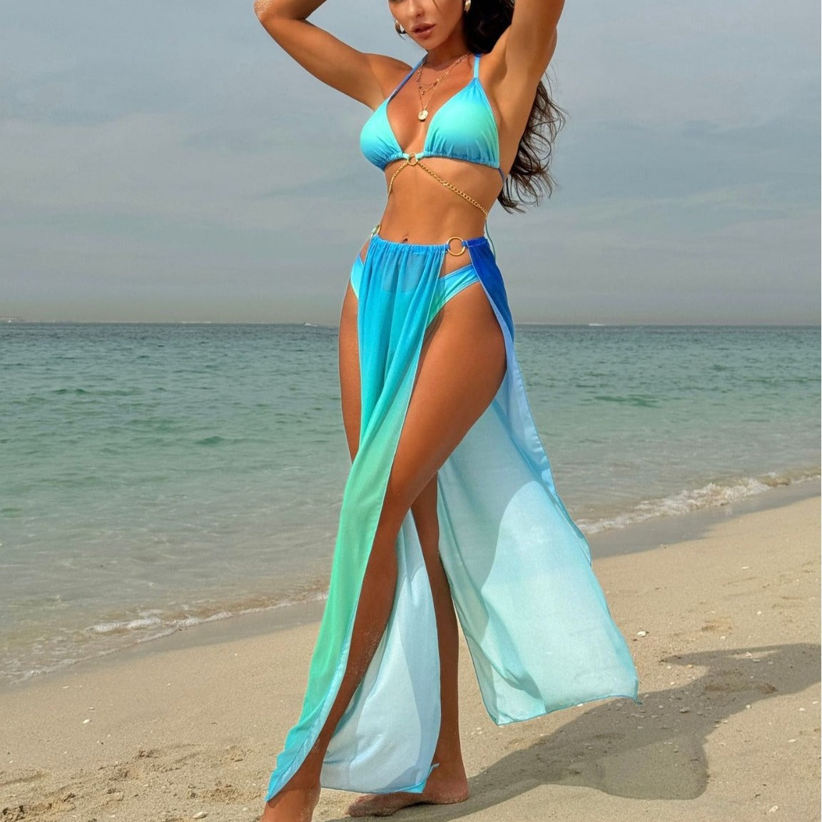 Gradient Mesh Maxi Dress Drawstring Banded Bikini Bikini Three Piece Swimsuit