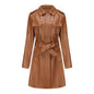 Mid Length Leather Coat With Belt Spring Autumn Long Sleeve Leather Wind Coat British Coat Women