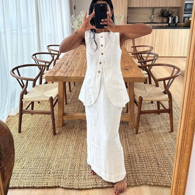 White Square Collar Sleeveless Vest High Waist Skirt High Sense Suit Women Clothing