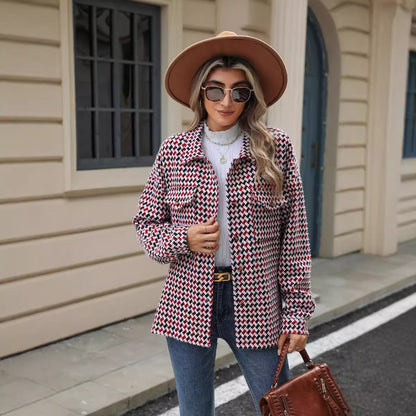 Autumn Winter Houndstooth Collared Loose Long Sleeve Pocket Woolen Coat