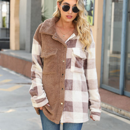 Autumn Clothing Women Coat Plush Coat Collared Long Sleeve Plush Stitching Flannel Plaid Long Shirt