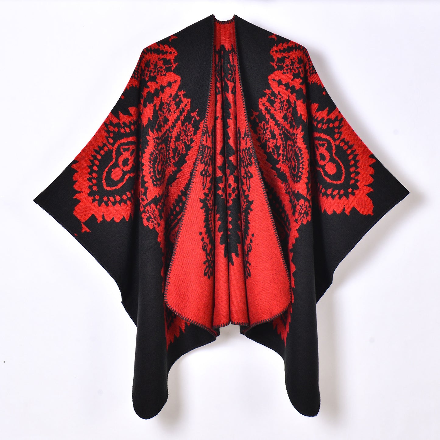 Women Warm Shawl Coat Vintage Totem Jacquard Thickened Split Cloak