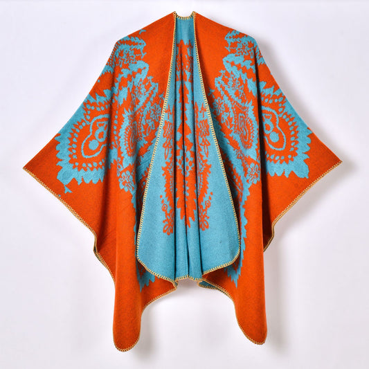 Women Warm Shawl Coat Vintage Totem Jacquard Thickened Split Cloak