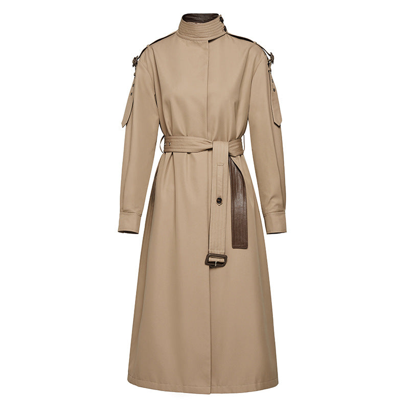 Element Autumn Gracekelly Leather Patchwork Two Color Simple Graceful Elegant Lengthened Trench Coat