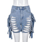 Women Clothing High Waist Ripped Washed Personalized Hole Tassel Shorts