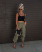 Cargo Pants Women's Elastic Waist Loose Drawstring Ankle Tied Woven Casual Trousers