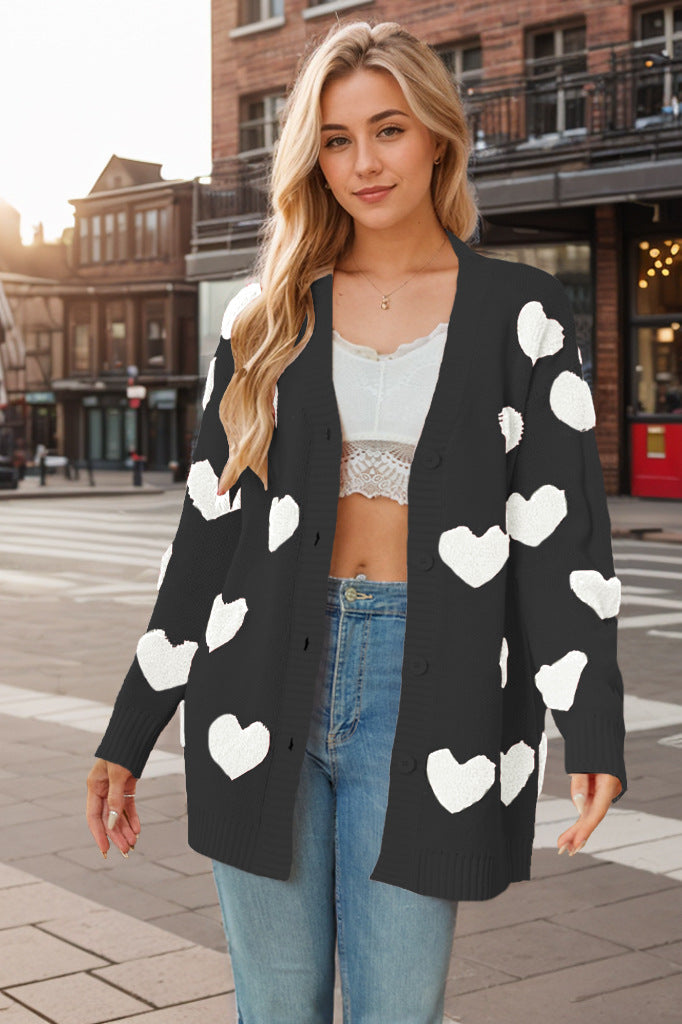 Valentine Day Heart Knitted Cardigan V neck Buttons Mid Length Coat for Women