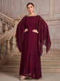 Solid Color Shawl Sleeve round Neck Belt Chiffon Elegant Cocktail Evening Dress