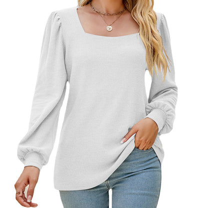 Women Clothing U Collar Pleated Puff Sleeve Top Loose Casual Solid Color T shirt