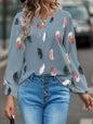Women Clothing Spring Summer V neck Feather Print Long Sleeve Loose T shirt Women Top
