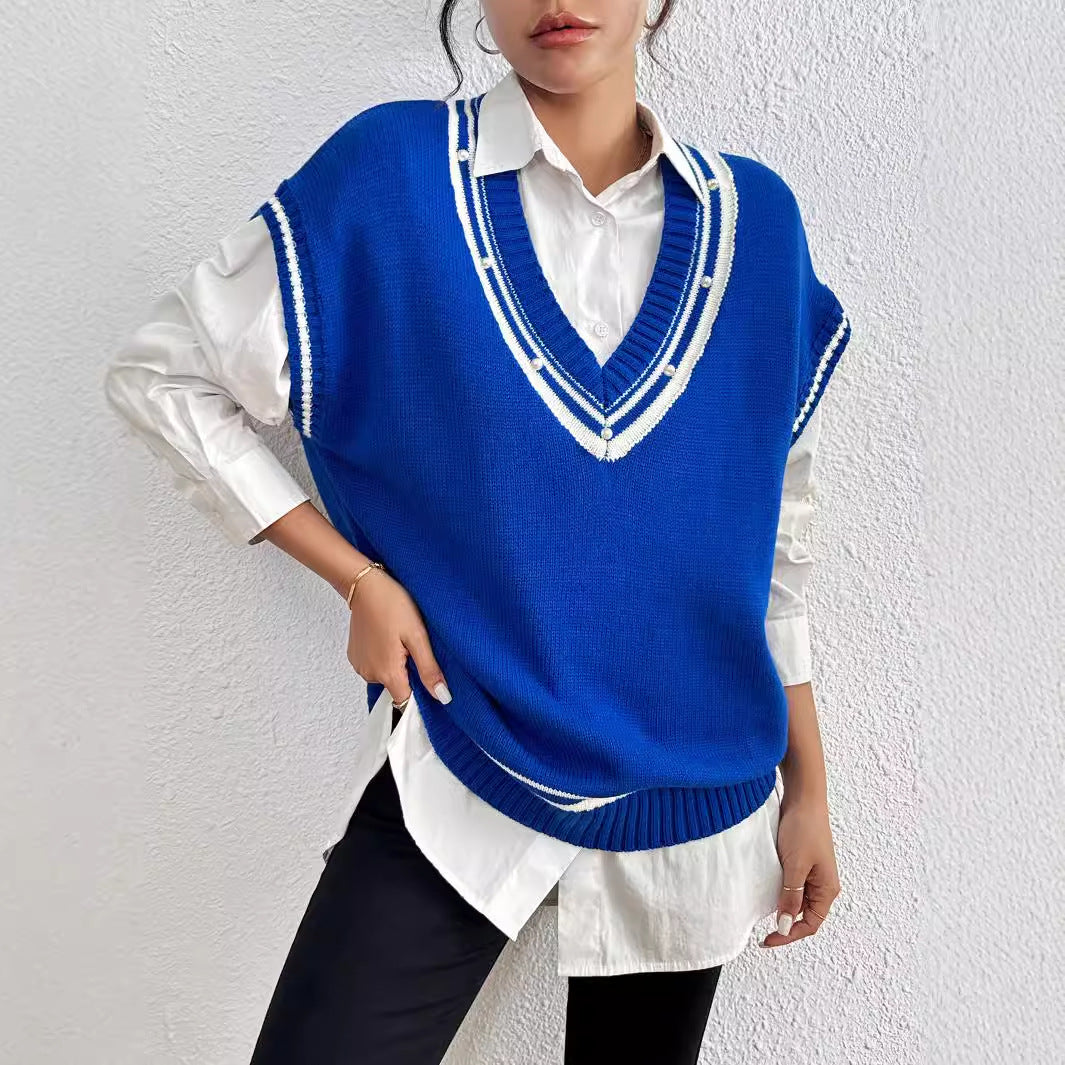 College Contrast Color Stripe Stitching Deep V Plunge Neck Vest Women Clothing Color Matching Beaded Vest Sweater Vest