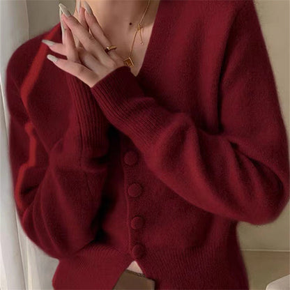 Solid Color Trendy Knitted Cardigan Women Autumn Loose V Neck Casual Fitted Waist Sweater Coat