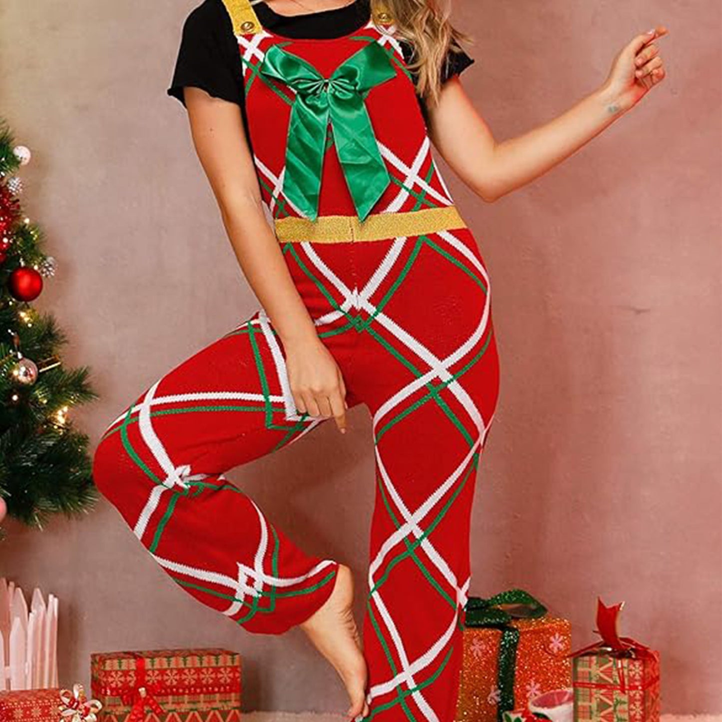 Big Bow Christmas Jumpsuit Christmas Atmosphere Bib Women Striped Plaid