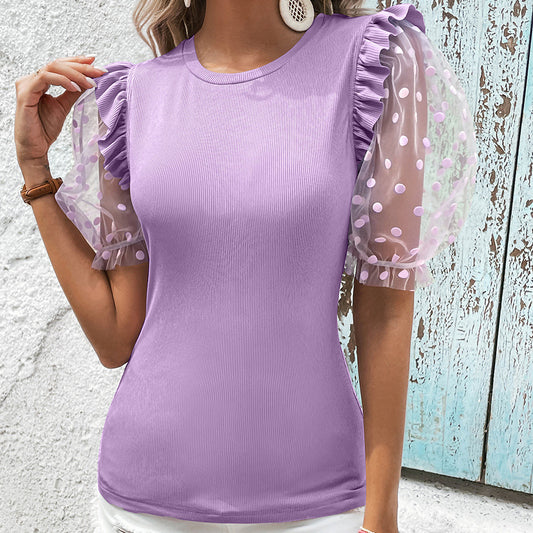 Women Clothing Sexy Mesh See through Polka Dot Flocking Stitching round Neck Short Sleeve T shirt Top Women