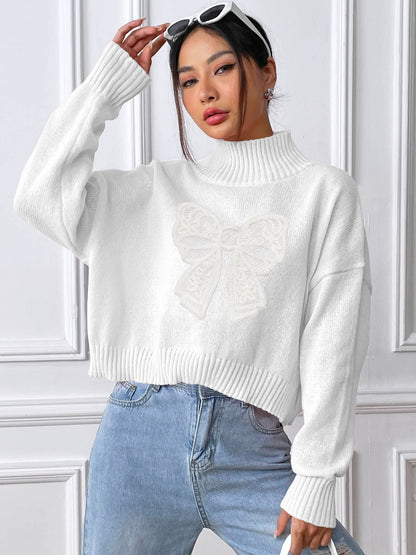 Women Short Top Clothing Turtleneck Pullover Bow Embroidery Patchwork Stitching Bottoming Shirt