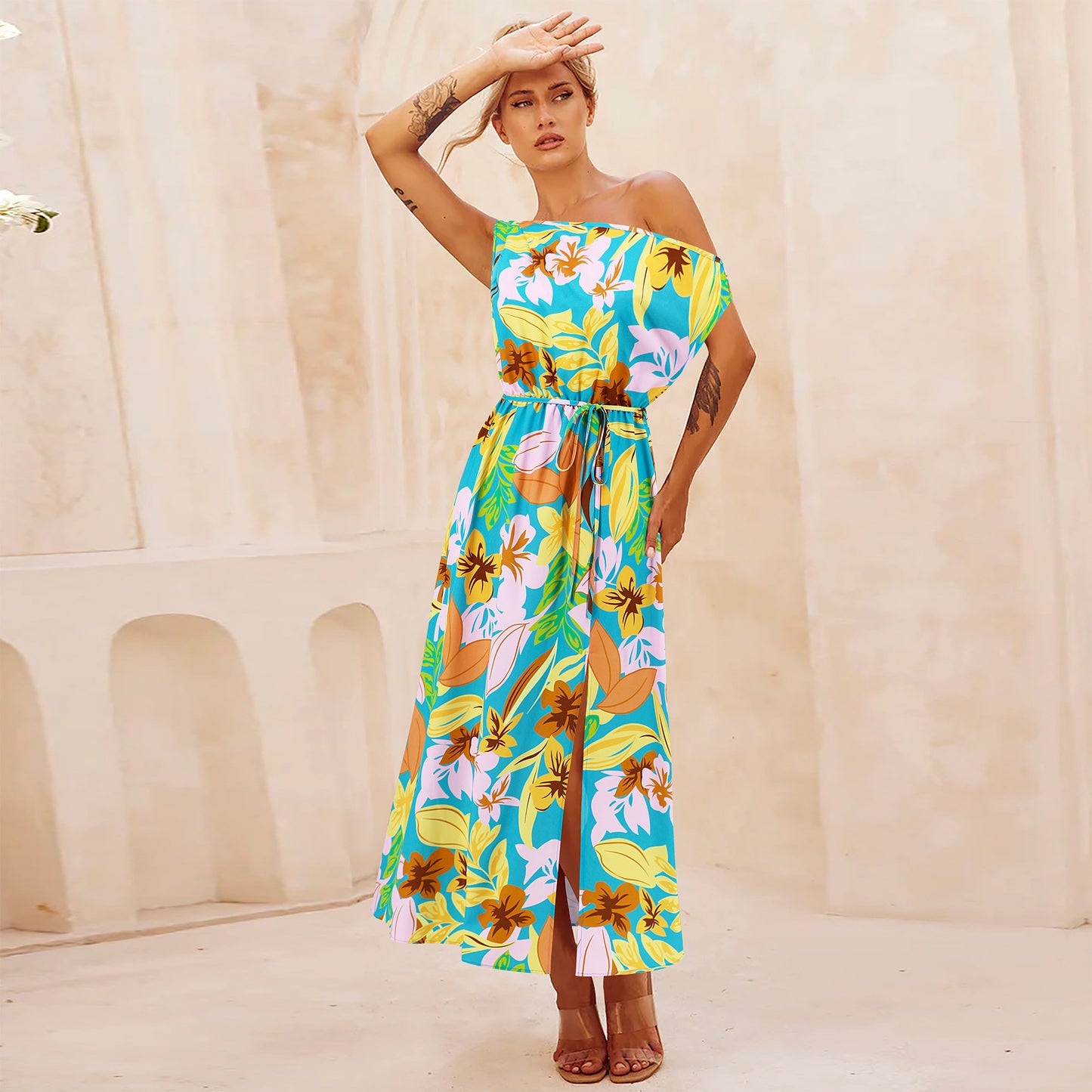 Spring Summer Elegant Slim Printed Dress Off Neck Slit Belt Dress