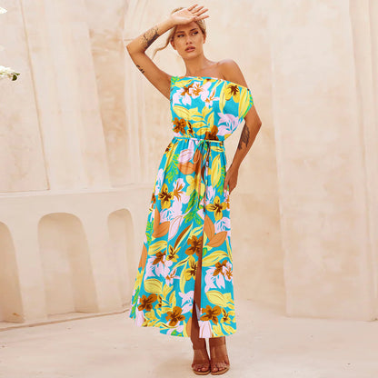 Spring Summer Elegant Slim Printed Dress Off Neck Slit Belt Dress