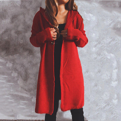 Autumn Winter Casual Minimalist Long Sleeve Button Hooded Sweater Cardigan Coat Women