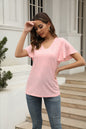 Women Clothing Women Tops Hollow Out Cutout out V neck Pleated Ruffle Sleeve Casual T shirt