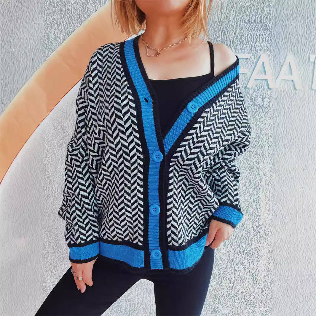 Women Clothing Street Cool Retro Color Effect Collar Single Breasted Cardigan Houndstooth Brocade Sweater Coat Women