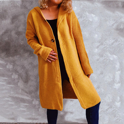 Autumn Winter Casual Minimalist Long Sleeve Button Hooded Sweater Cardigan Coat Women