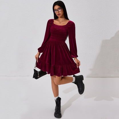 Women Clothing Simple Elegant Dress Autumn Winter High Waist Slim Slimming Wine Red Short