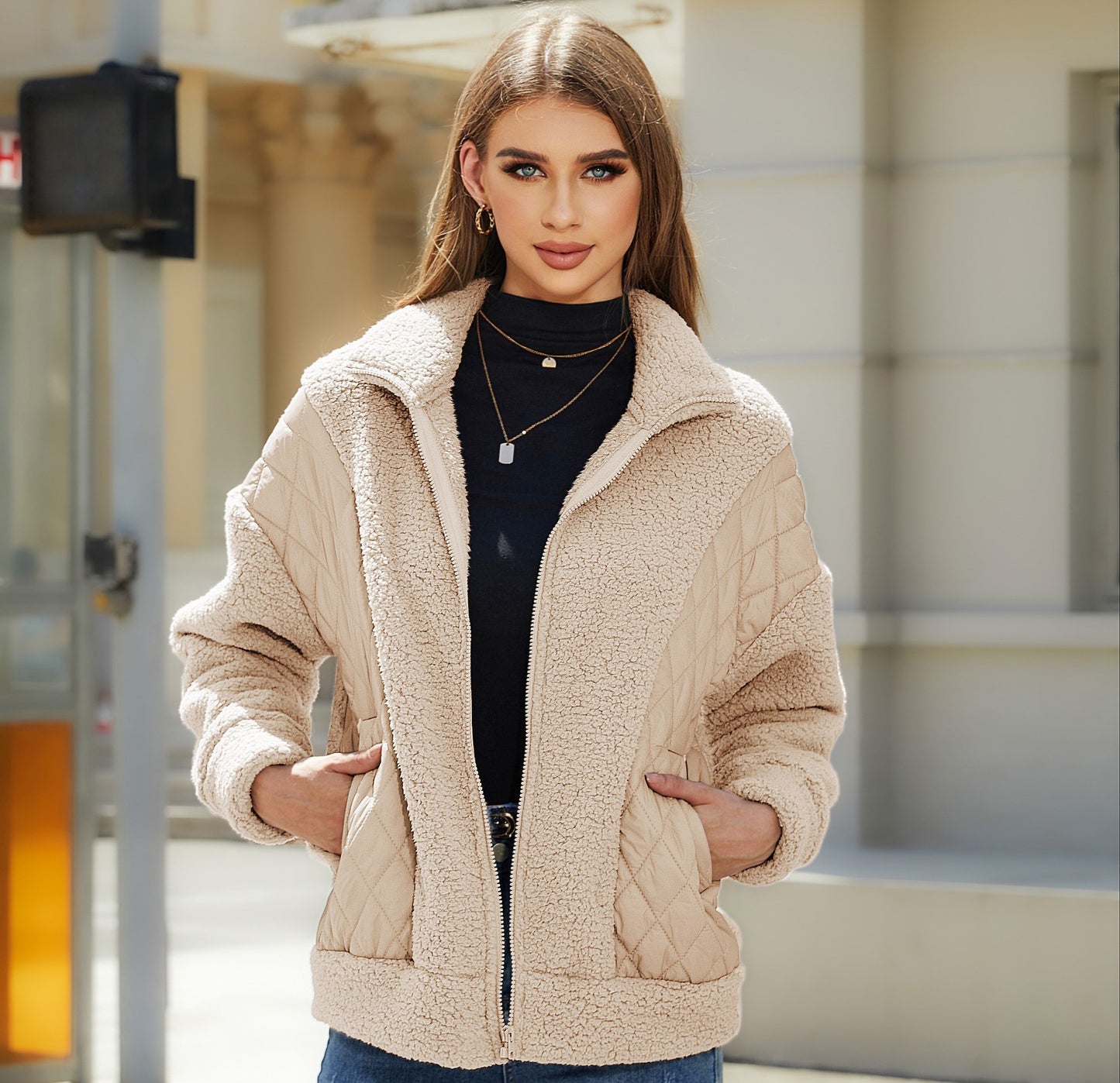 Women Clothing Autumn Winter Long Sleeve Cardigan Zipper Plush Stitching Women Coat