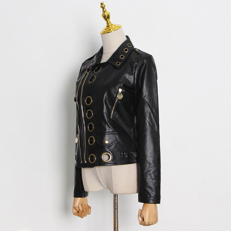 Locomotive Jacket Leather Coat Spring Polo Collar Eyelet Rivet Hollow Out Cutout Slim Jacket