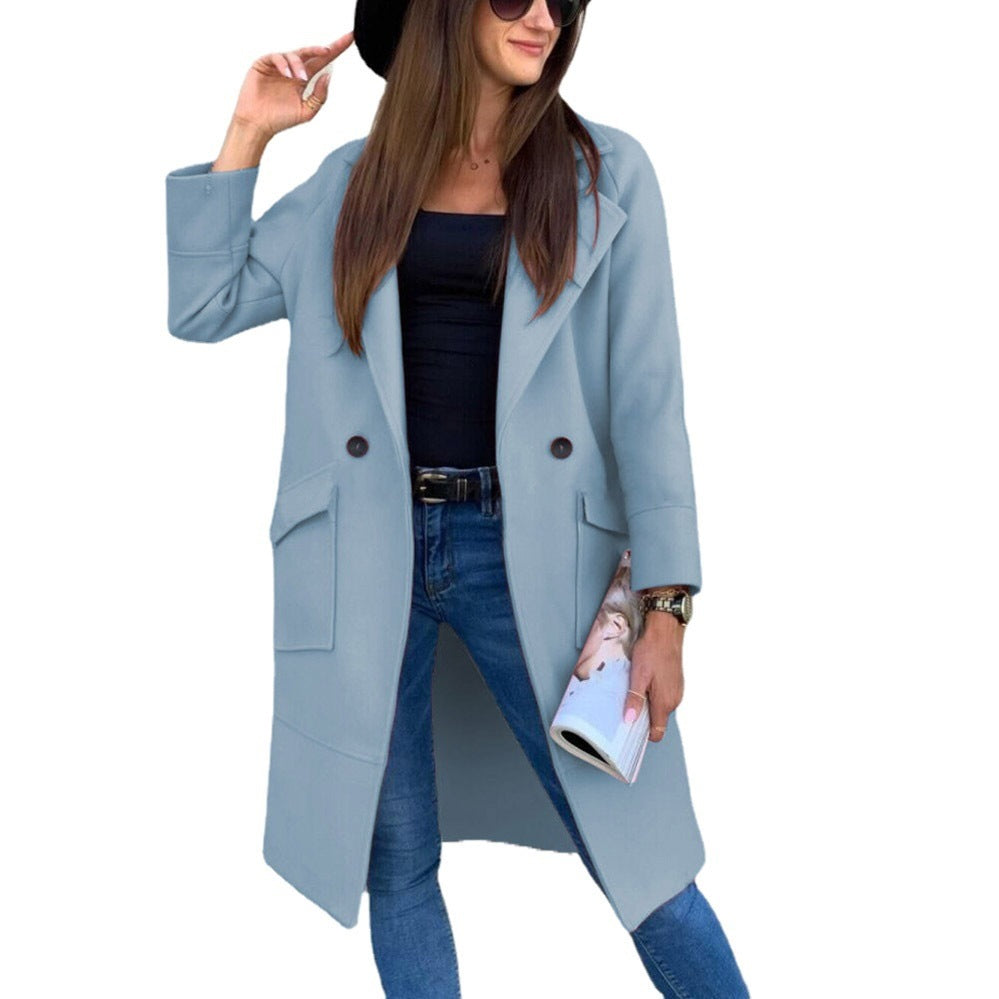 Autumn Winter Solid Color Long Sleeve Blazer Collar Button Pocket Woolen Coat Women