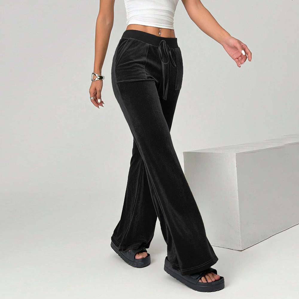 Women Clothing Simple Velvet Casual Pants Autumn Winter Drawstring Leg Slimming Wide Leg Trousers