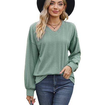 Autumn Winter Solid Color V neck Loose Casual Long Sleeves T shirt Top Women Clothing