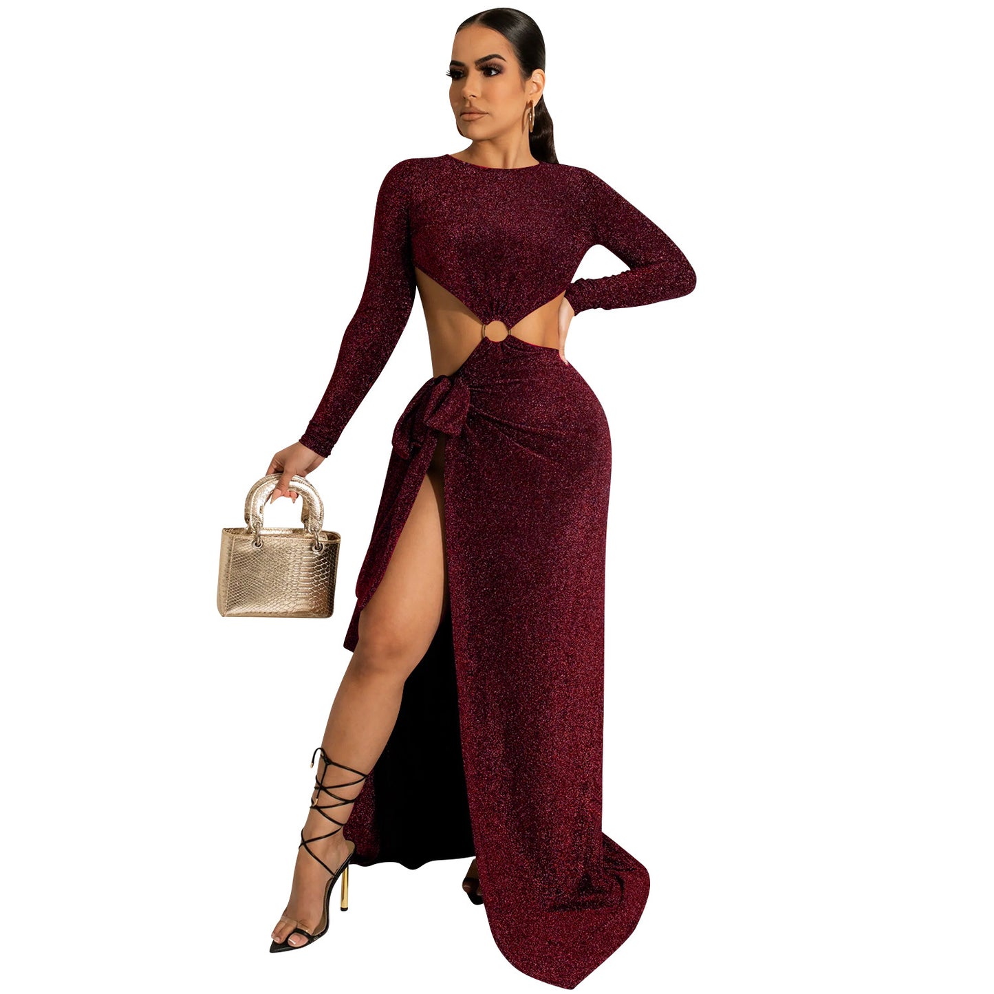 Long Sleeve Cutout out Strap Irregular Asymmetric Slit Maxi Dress