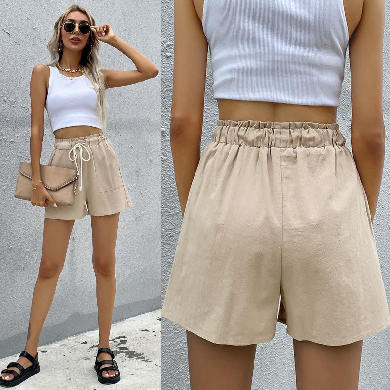 Summer Cotton Loose Drawstring Cotton Linen Casual Wide-Leg Shorts Women