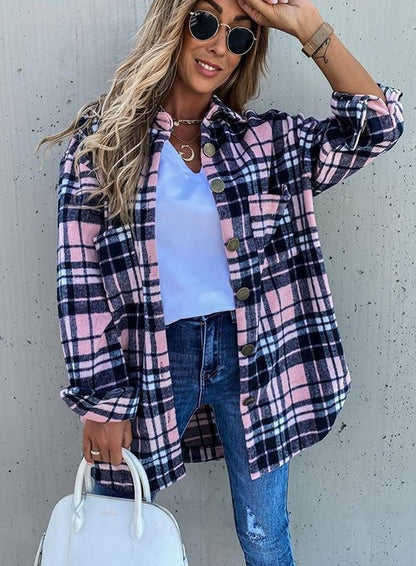 Autumn Winter Loose Casual Retro Plaid Long Sleeve Shacket Coat for Women