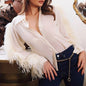 Personal Casual Autumn Winter Polo Collar Long Sleeve Ostrich Feather Stitching Embellished Simple Solid Color Casual Shirt for Women