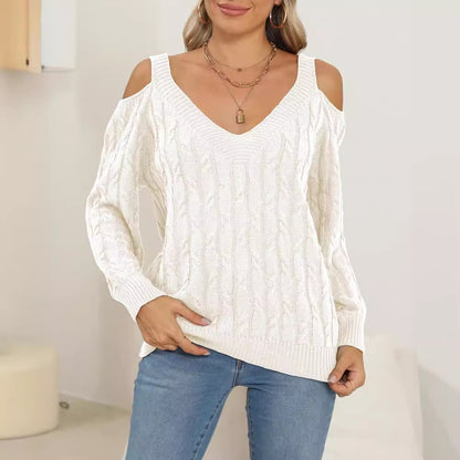 Knitted Bottoming Shirt Autumn Winter Women Clothing Deep V Plunge Sexy off the Shoulder Loose Pullover Women Top