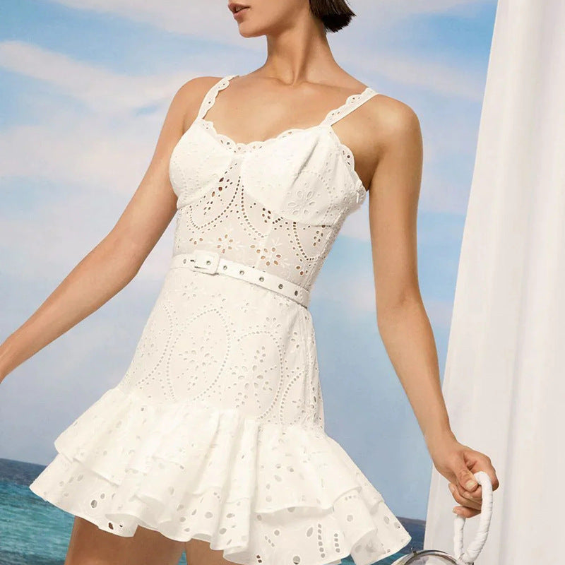 Summer Machine Embroidery Sexy Spaghetti Strap Ruffle Dress Waist Slimming Short Temperamental Dress