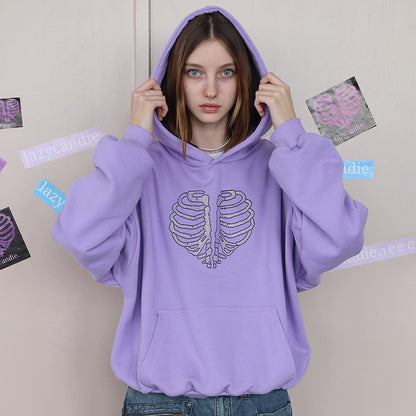 Trendy Skeleton Rhinestone Loose Hooded Sweater Top Women Autumn Winter