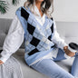 Autumn Winter College Rhombus V-neck Casual Loose Knit Vest Sweater Women Clothing