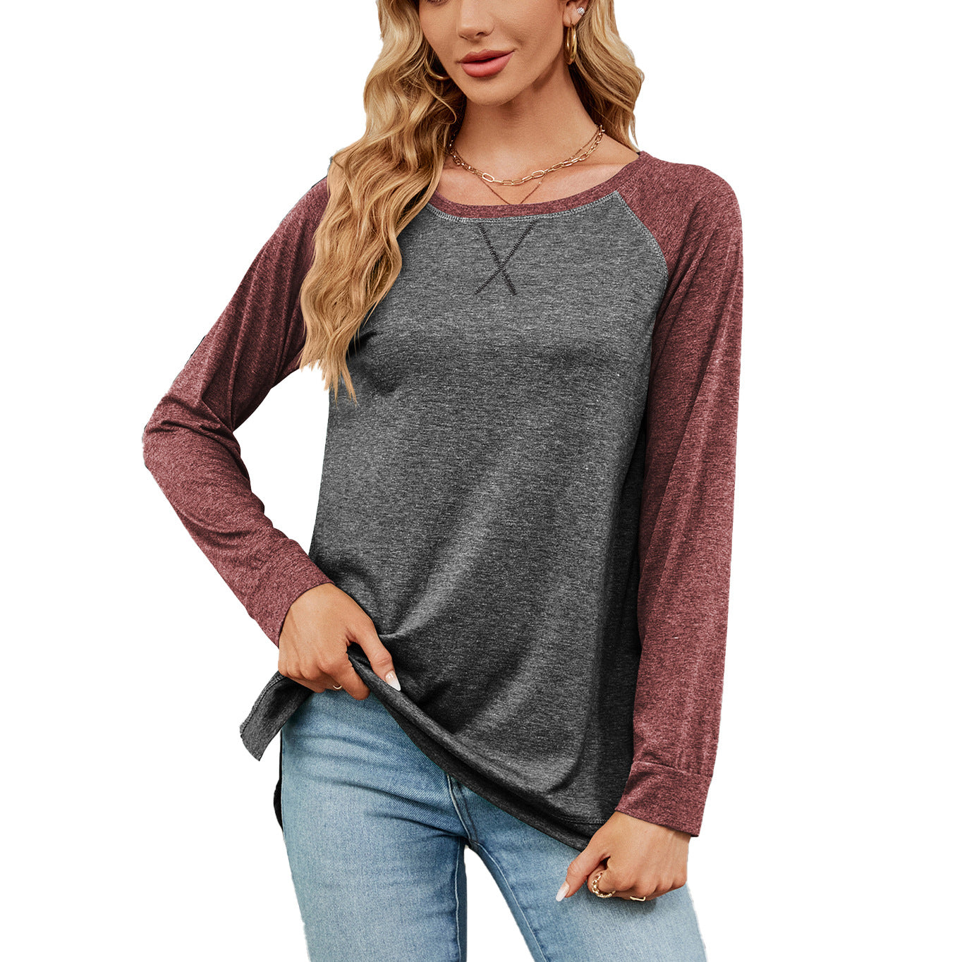 Autumn Winter round Neck Contrast Color Loose Long-Sleeved T-shirt Split Top Women