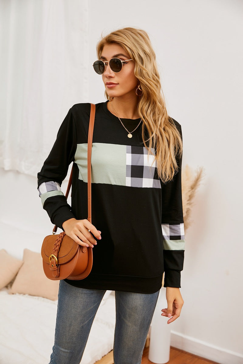 Round Neck Pullover Plaid Stitching Long Sleeve T shirt Loose Sweater Women Clothing