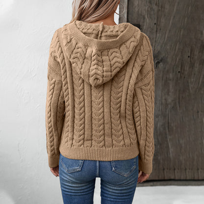 Hooded Pullover Thick Sweater Women Autumn Winter Retro Button Cable Knit Sweater Top Women