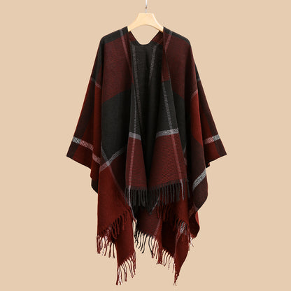 Best Seller Shawl Plaid Double Sided Cape Cloak Fleece Lined Thick Split Towel