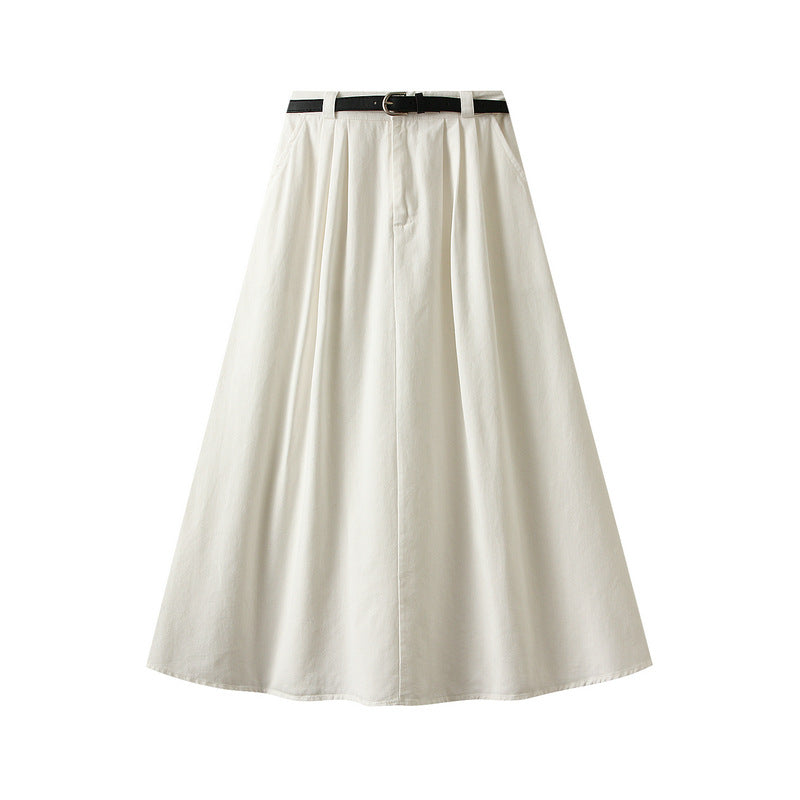 Autumn Retro Hong Kong Washed Cotton A line Skirt Women Big Swing Mid Length Skirt with Belt